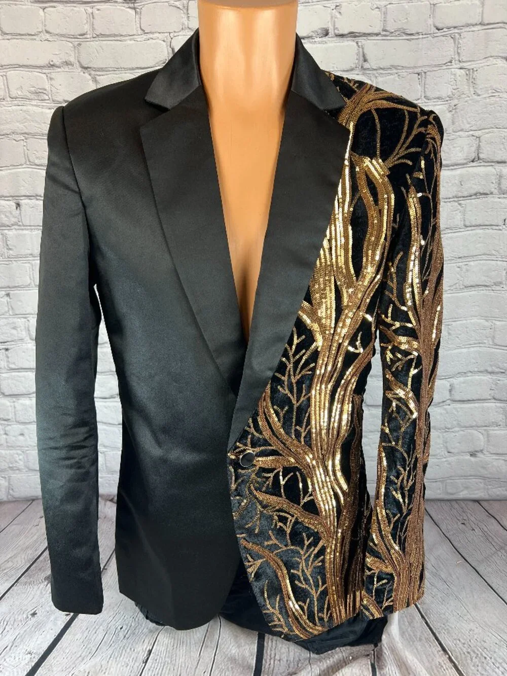 Mens Sequin Black Satin Velvet & Gold Sequined Tuxedo Single Button Jacket Sz M